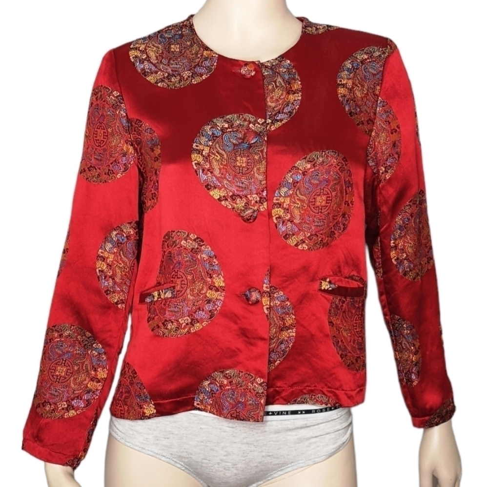 VINTAGE April Cornell Silk Embroidered Jacket Oriental Medallion Print Medium